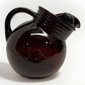 Vintage MCM Anchor Hocking Royal Ruby Red Tilted Swirl Ball Pitcher Ice Lip 64oz